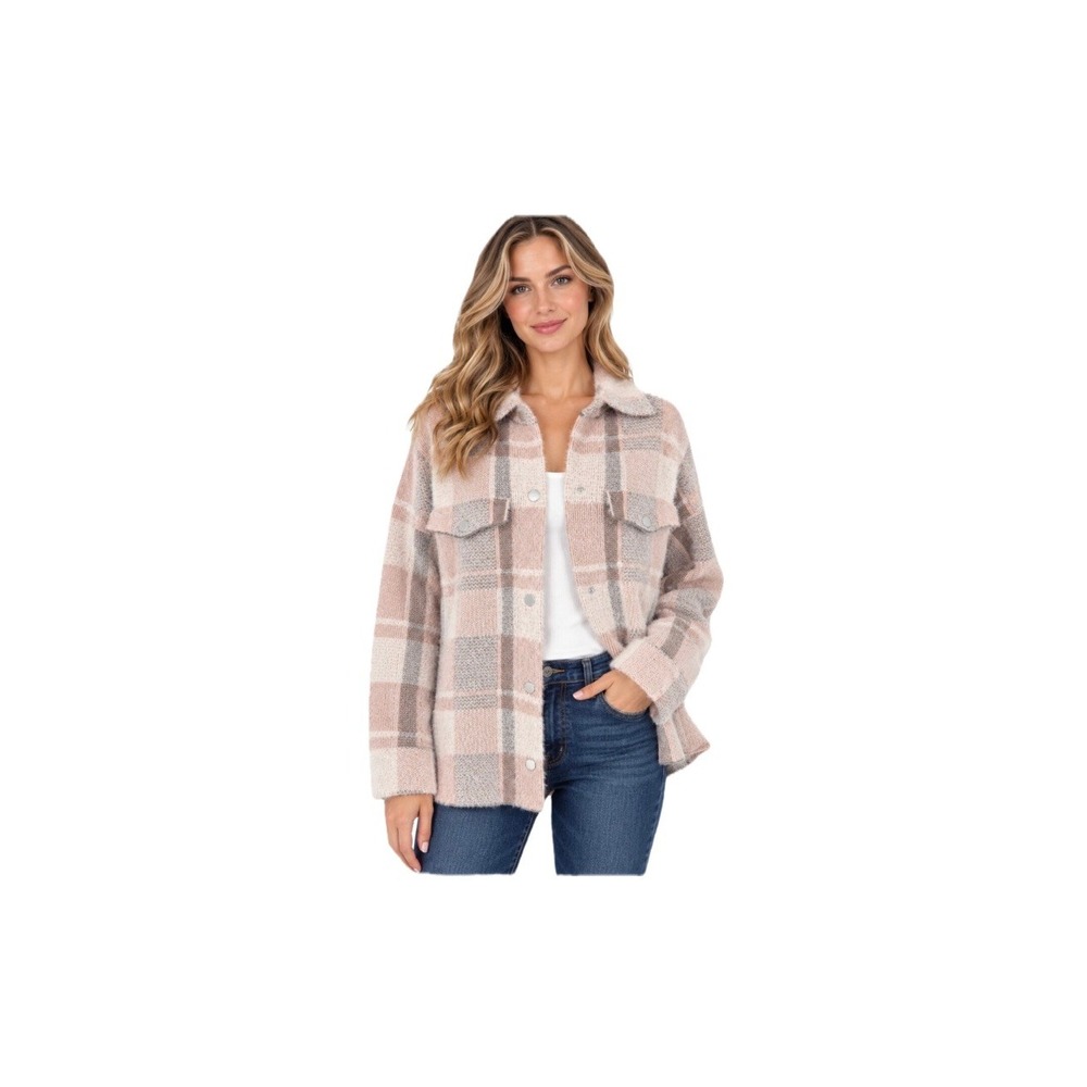 Rachel Zoe Women Shacket Plaid Knit Tan Cream Fuzzy Shirt Jacket Large